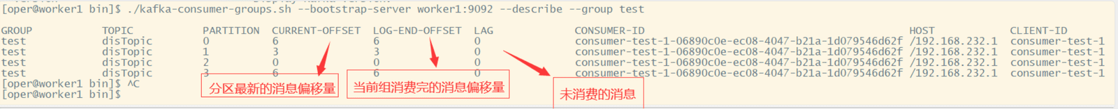 查看消费者组各 Partition 的 CURRENT-OFFSET、LOG-END-OFFSET 等