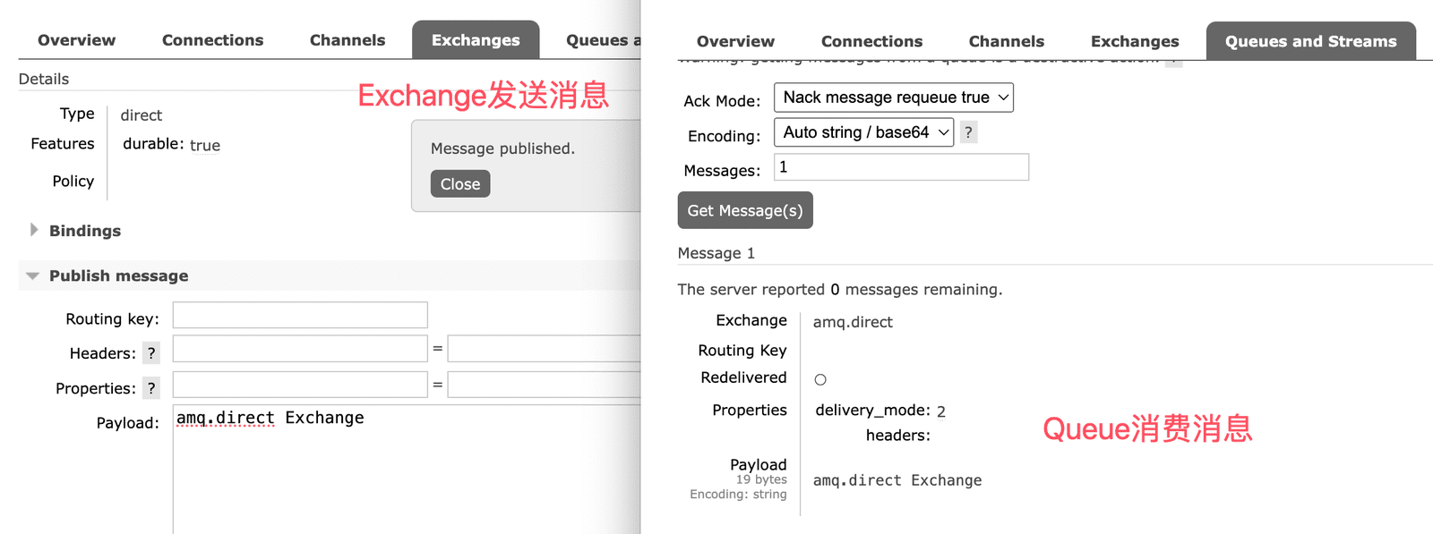 经 Exchange 发送后在 Queue 消费