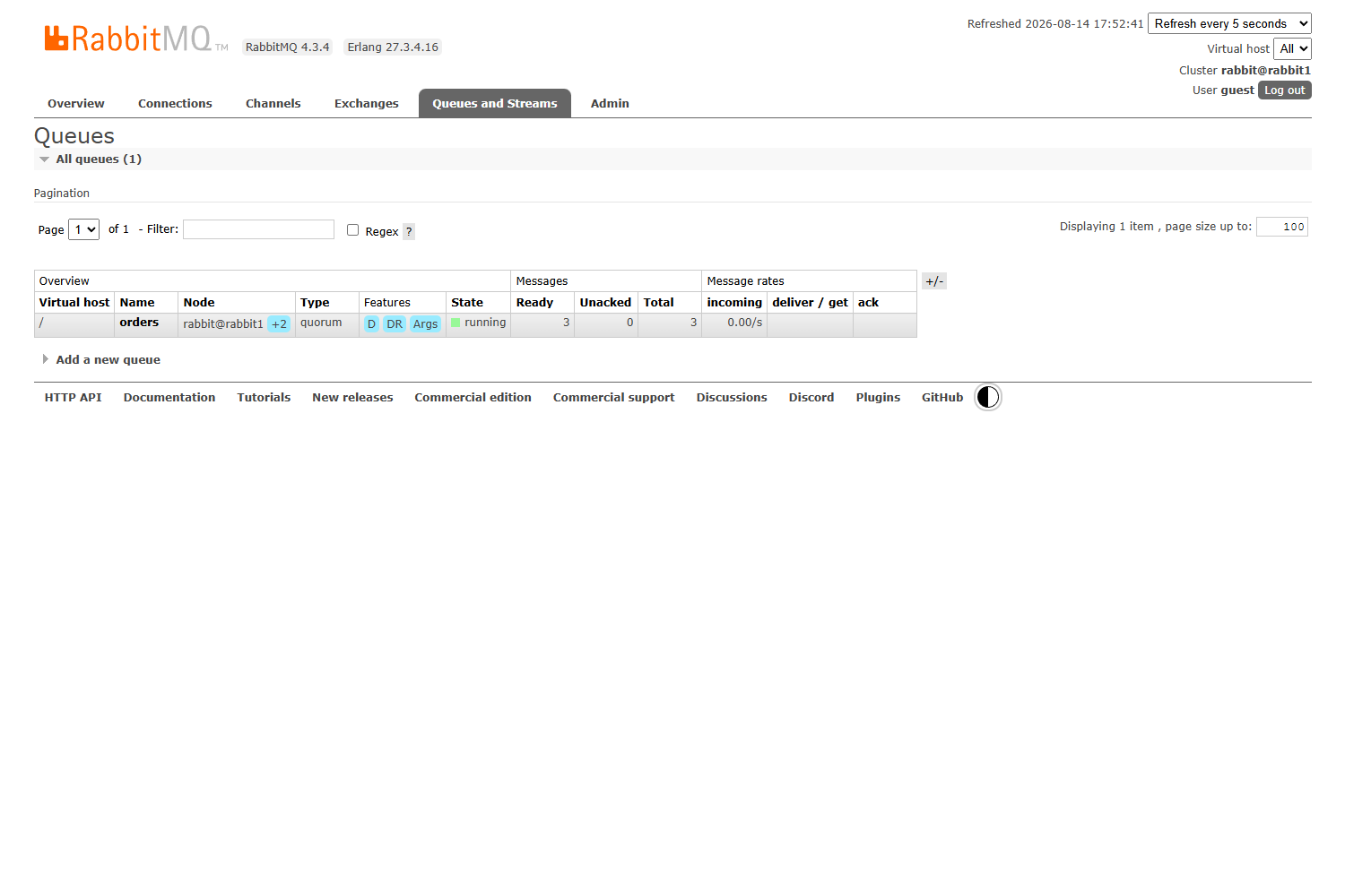 管理控制台 Queues 页:orders 队列,Node 列 rabbit@rabbit1 +2