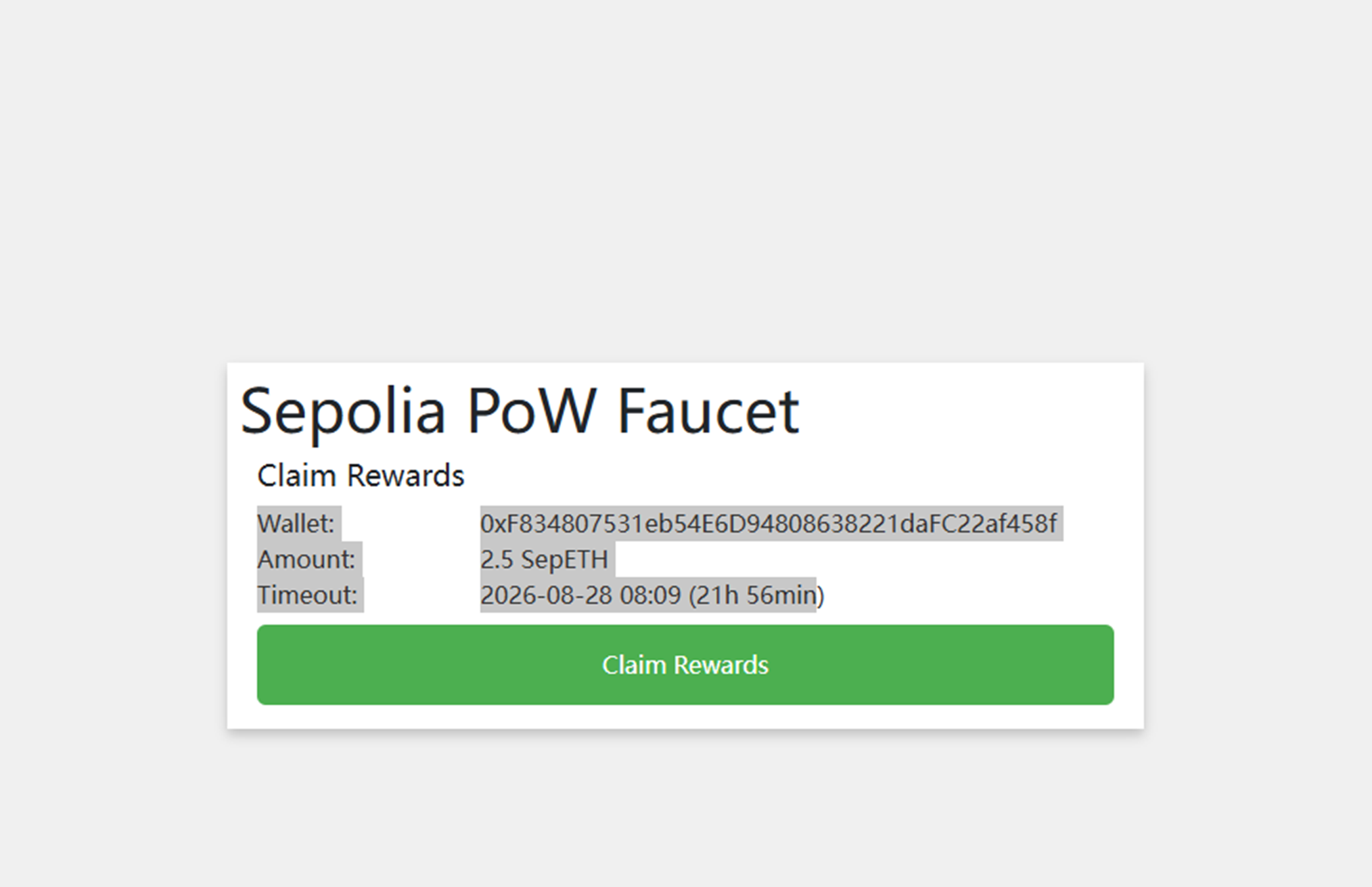 Claim Rewards 确认框：Wallet / 2.5 SepETH / Timeout